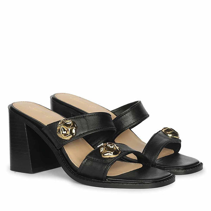Saint Brisa Gold Emblems Black Leather Heels