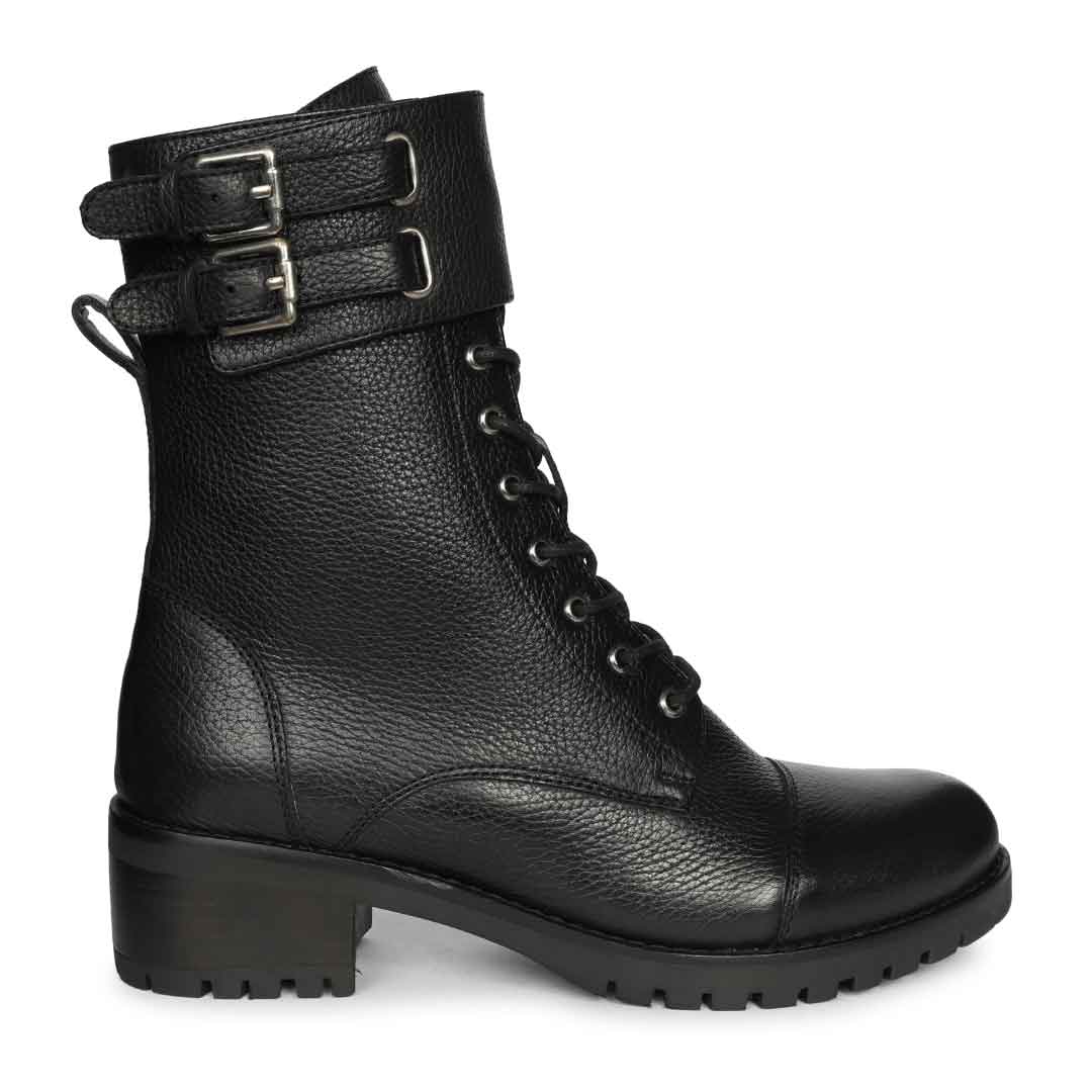 Saint Alba Black Crinkle Patent Leather Lace Up High Ankle Boots