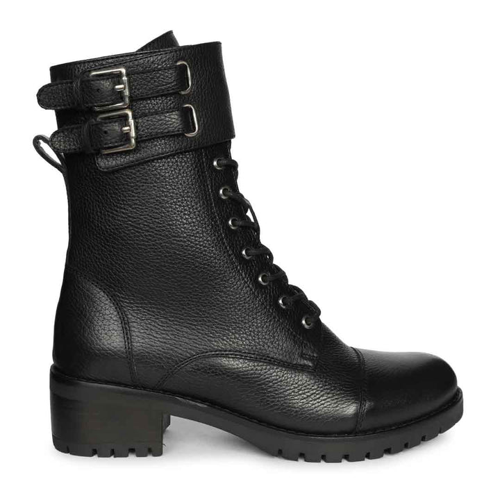 Saint Alba Black Crinkle Patent Leather Lace Up High Ankle Boots