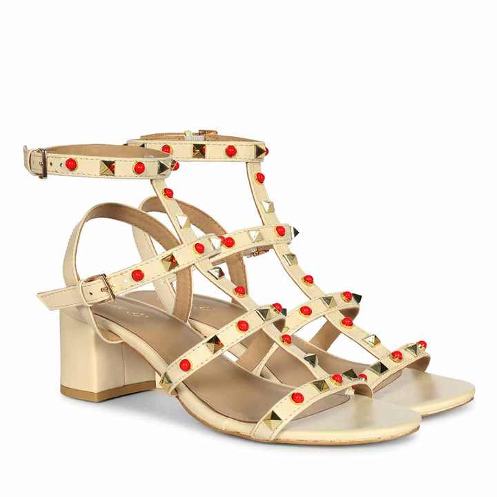 Saint Lucien Off White Leather Studded Gladiator Block Heels