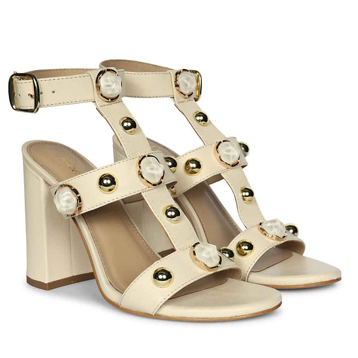 Saint Hope Studded Off white Leather Block Heels