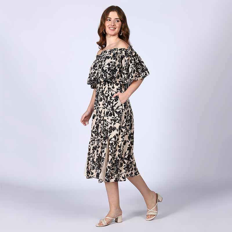 Saint Quinn Black Floral off Shoulder Midi Dress