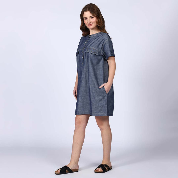 Saint Clara Grey Cotton Chambray Short Dress