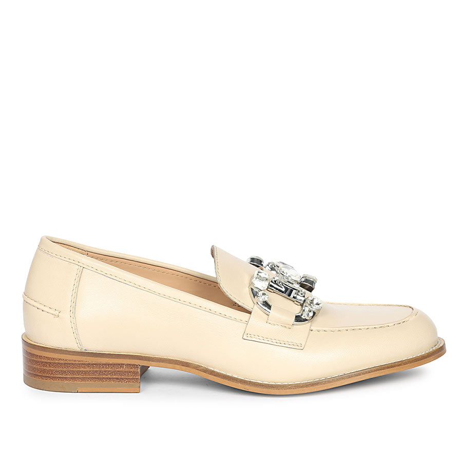 Saint Livia Crystal Buckle Beige Leather Moccasins