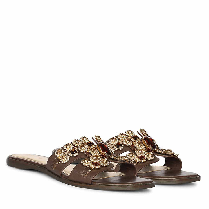 Saint Eileen Embroidered Stone Brown Leather Slides
