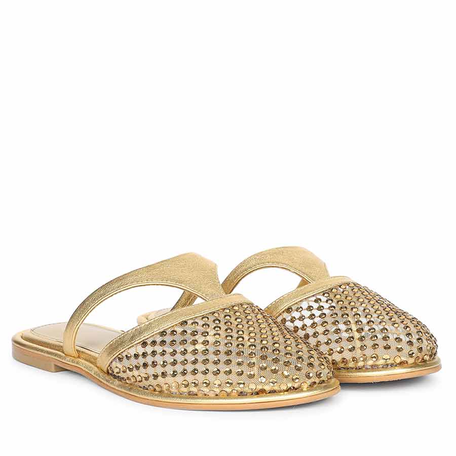 Saint Nerissa Crystal Mesh Gold Leather Mule Flats