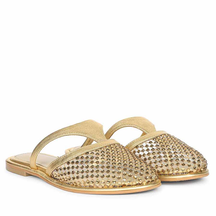 Saint Nerissa Crystal Mesh Gold Leather Mule Flats