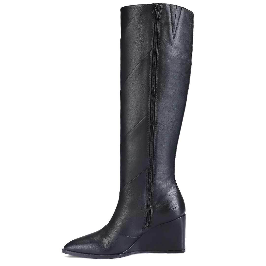 Saint Novara Folded Black Leather Wedge Long Boots