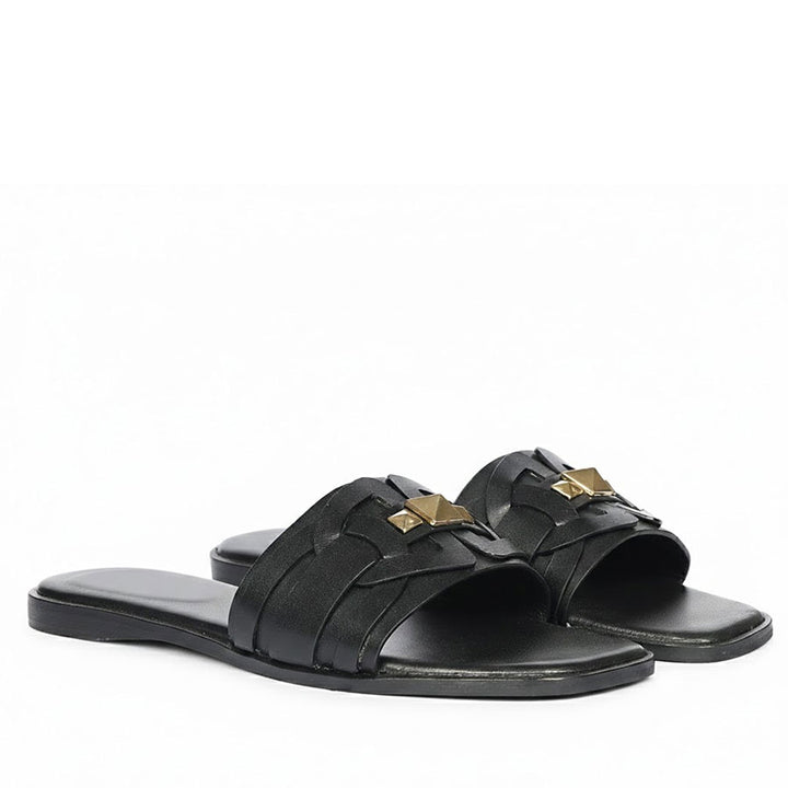 Saint Tyla Black Leather Pyramid Stud Slides