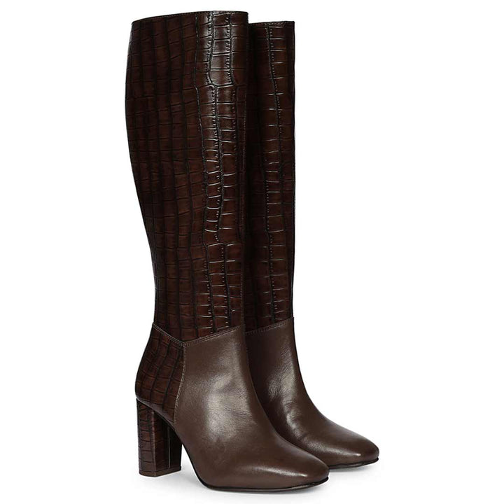 Saint Sadie Brown Croc-Embossed Leather Knee High Boots