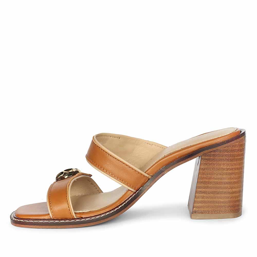 Saint Brisa Gold Emblems Tan Leather Heels