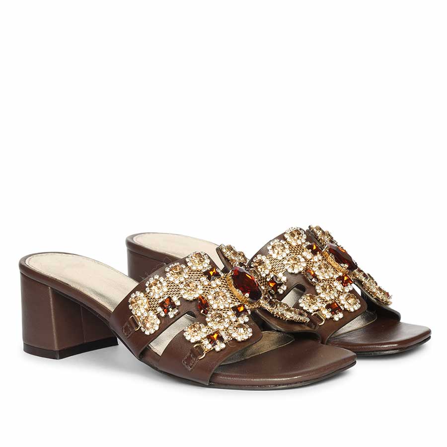 Saint Fiorenza Stone Embroidered Brown Leather Block Heels