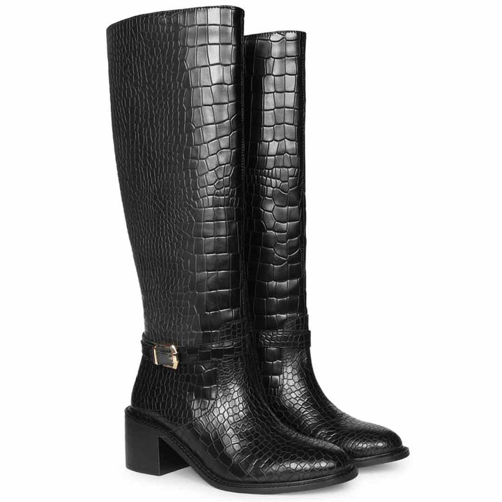 Saint Callie Black Croco-Embossed Knee High Boots