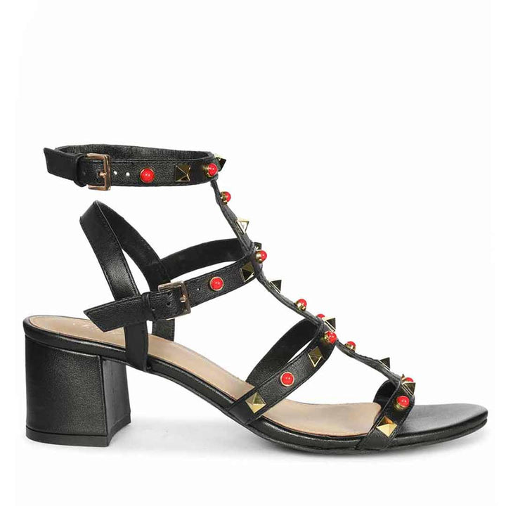 Saint Lucien Black Leather Studded Gladiator Block Heels