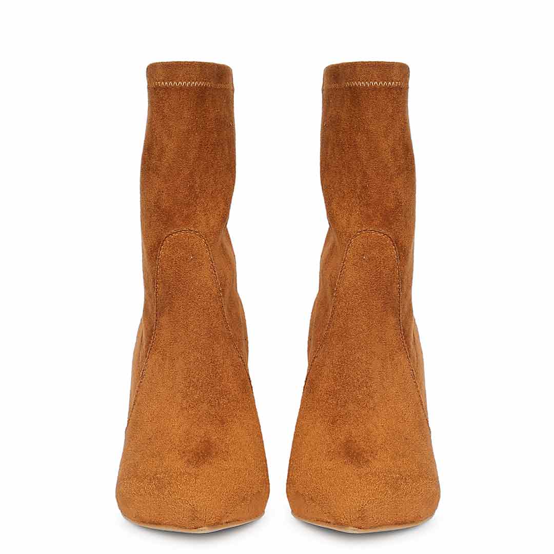 Saint Jaime Stretch Tan Suede Stiletto Heel Ankle Boots