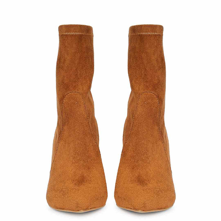 Saint Jaime Stretch Tan Suede Stiletto Heel Ankle Boots