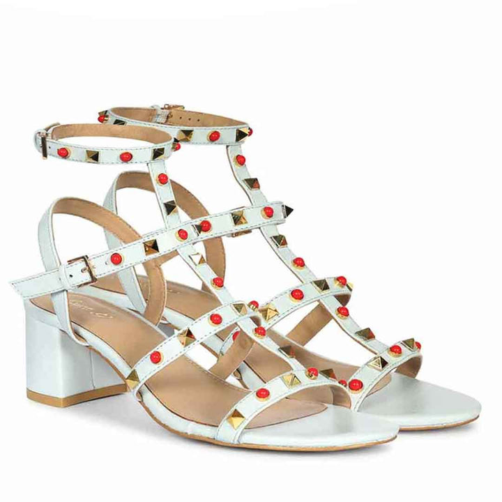 Saint Lucien Sky Blue Leather Studded Gladiator Block Heels