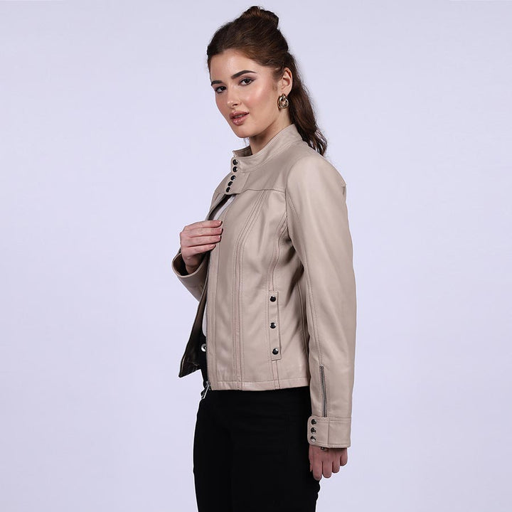 Amaya Beige leather cafe racer jacket women