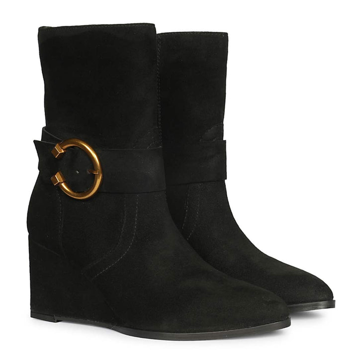 Saint Arleth Ring Buckle Black Suede Leather Wedge Boots