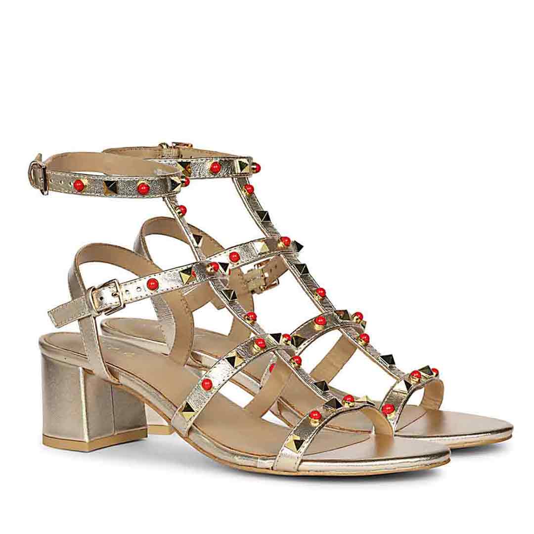 Saint Lucien Gold Leather Studded Gladiator Block Heels