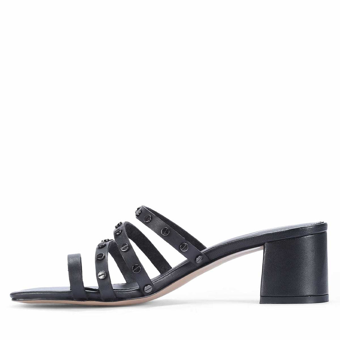 Saint Ebon Metal Studded Black Leather Block Heels