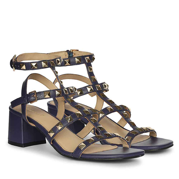 Saint Angela Gold Metal Double Buckle Navy Block Heels