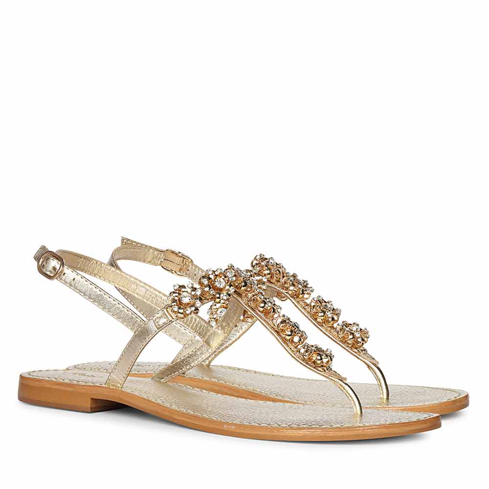 Saint Freesia Crystal Flower Gold Leather Sandals