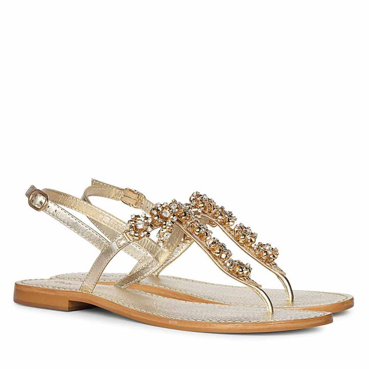 Saint Freesia Crystal Flower Gold Leather Sandals