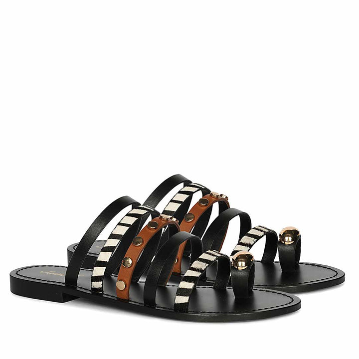 Saint Monaco Zebra Print Black Leather Flat Sandals