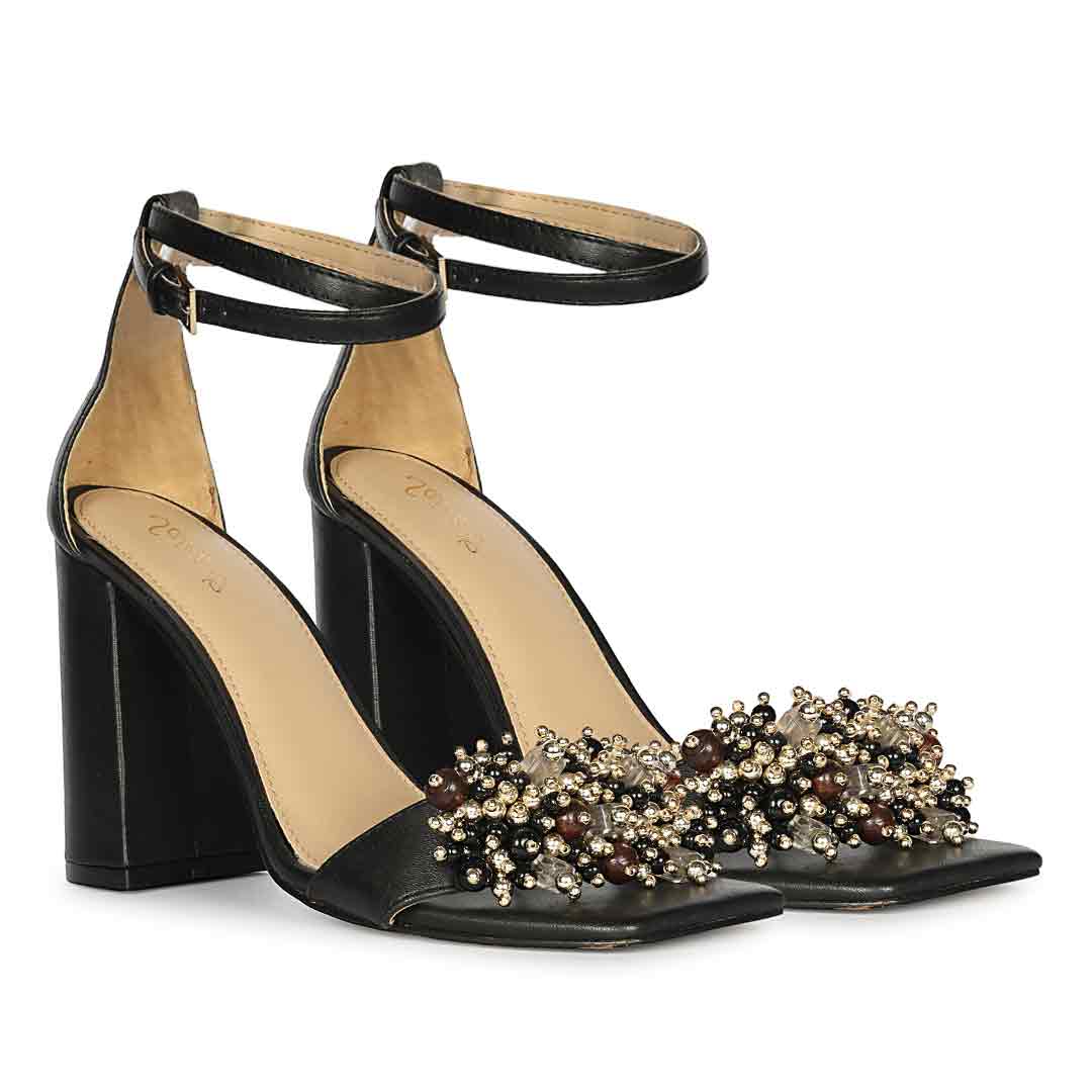 Saint Raquel Jewel Black Leather Block Heels