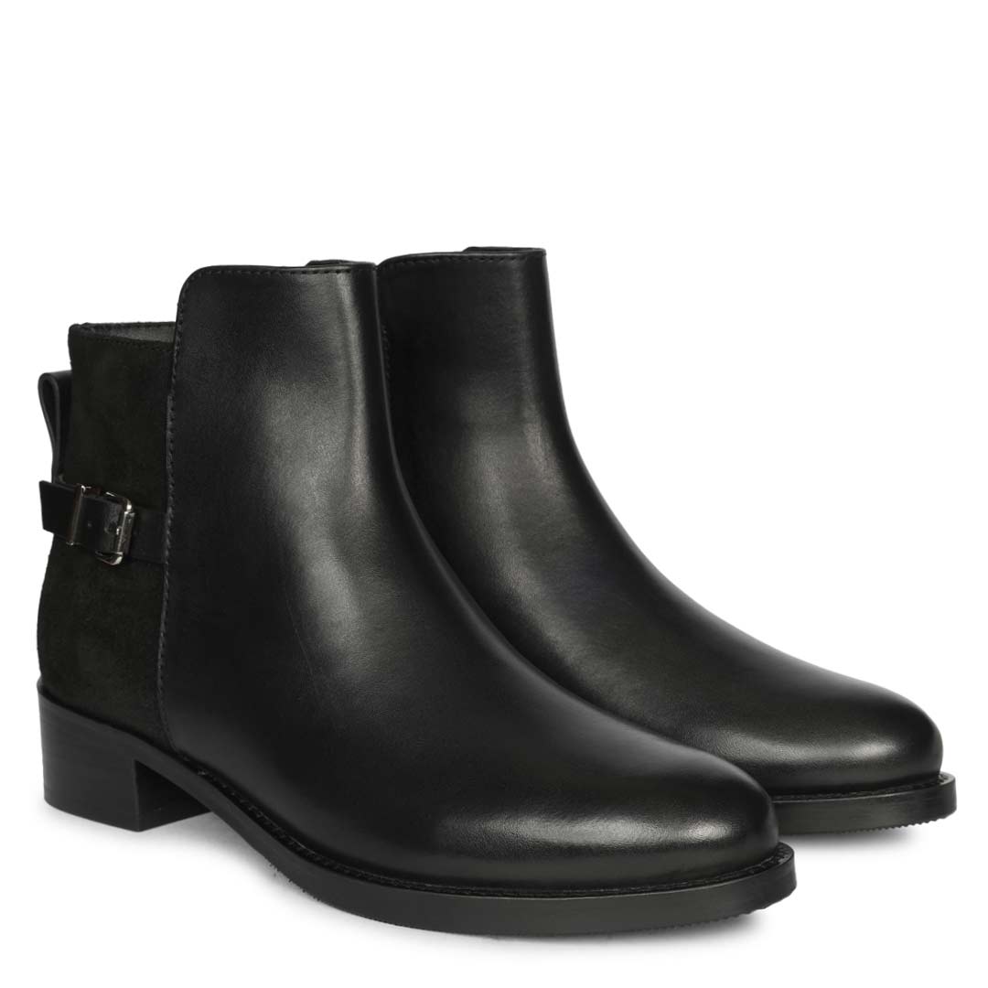 Saint Mikayla Buckle Strap Black Leather Ankle Boots
