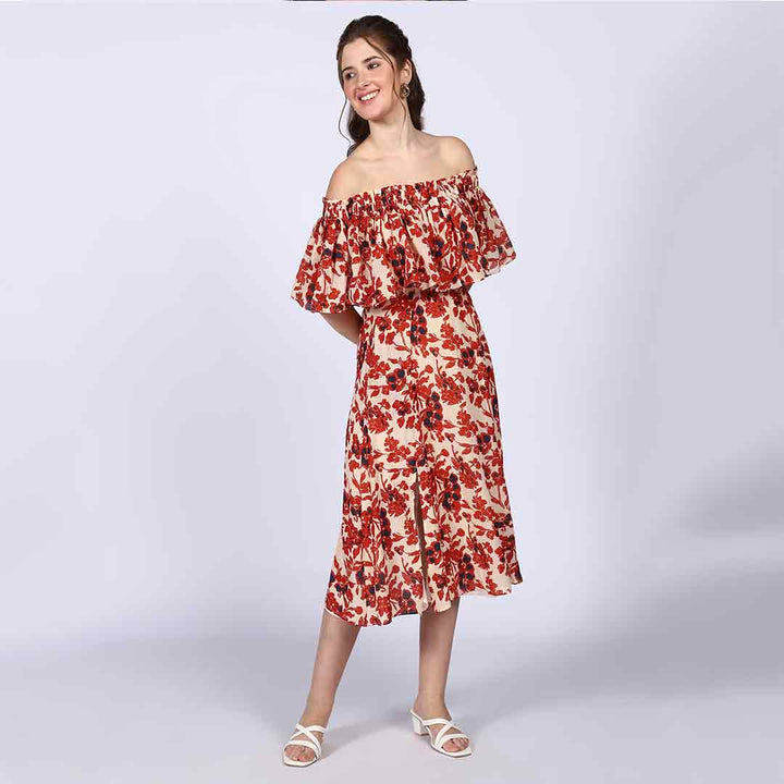 Saint Scarlett Ivory Red Off-Shoulder Midi Dress