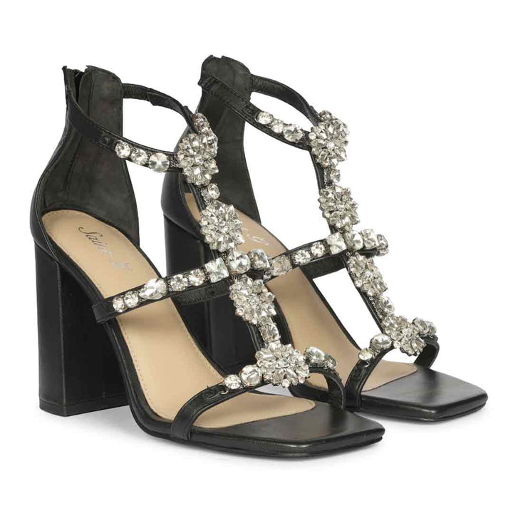 Saint Holly Crystal Stone Black Leather Block Heels