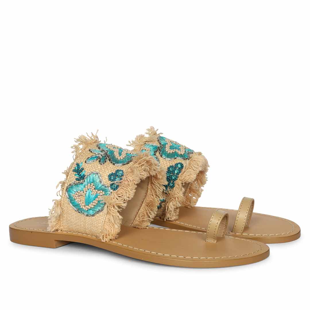 Saint Zuzu Turquoise Embroidered Leather Flats