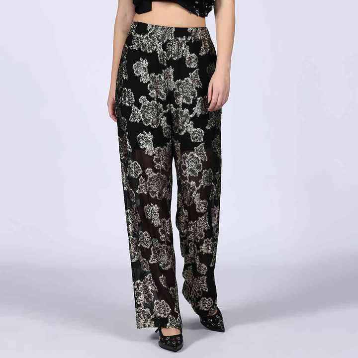Saint Celeste Floral Lurex Crepe Wide-Leg Black Trousers