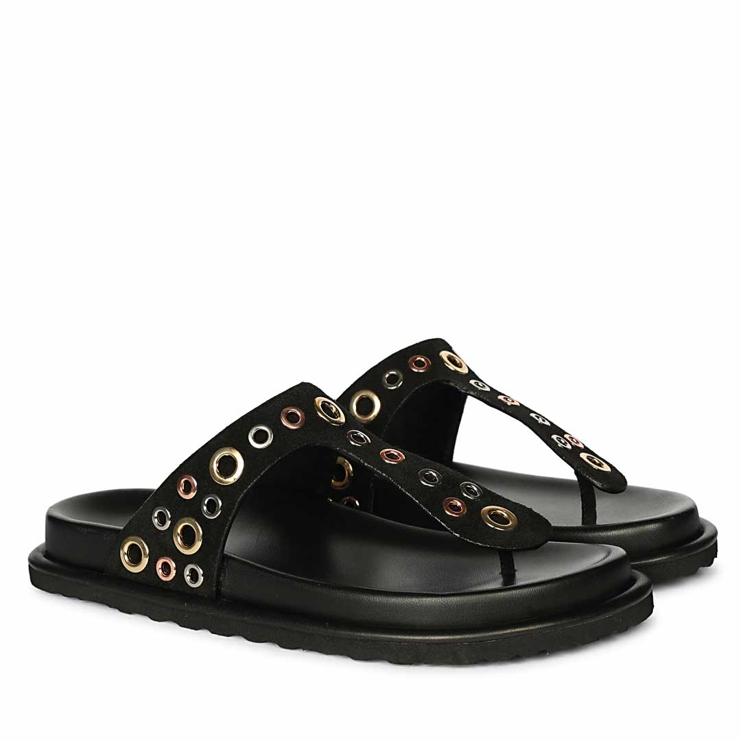 Saint Raelyn Eyelet Black Leather Footbed Sandals