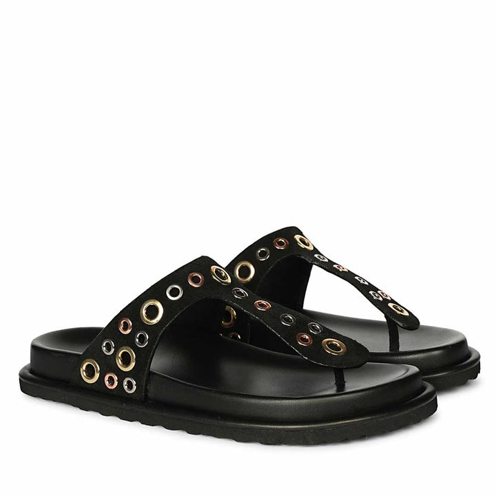 Saint Raelyn Eyelet Black Leather Footbed Sandals