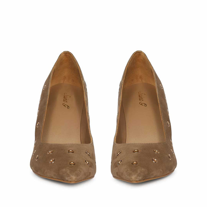 Saint Remi Eyelet Embellished Beige Suede Leather Pumps