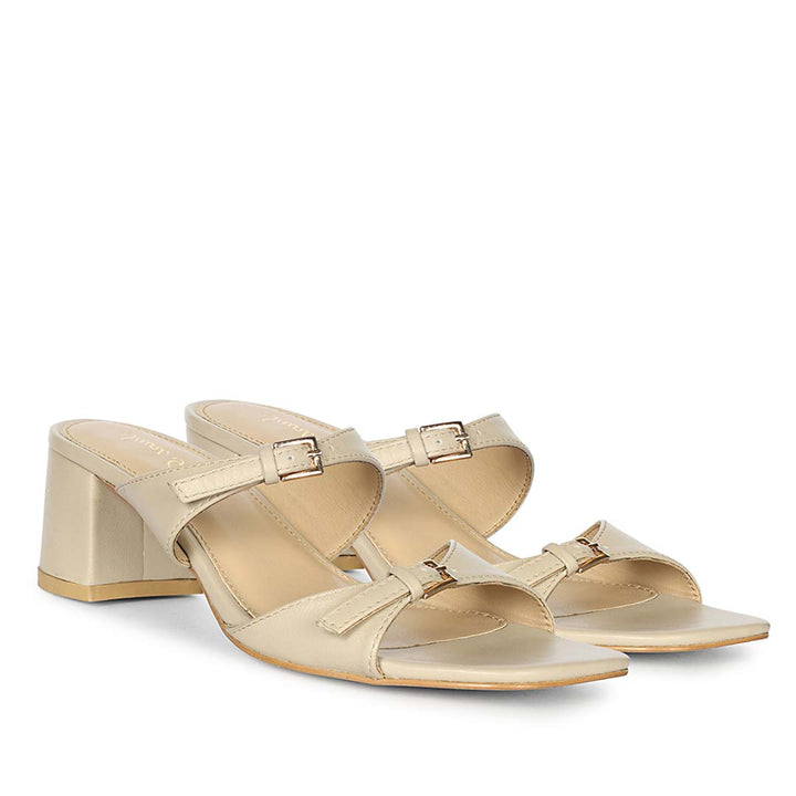 Saint Ellery Buckle Beige Leather Block Heel Sandals
