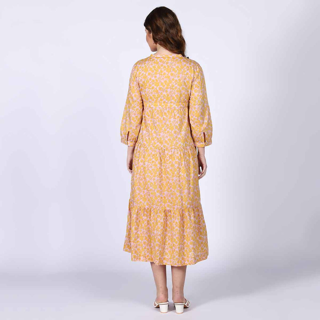Saint Valentina Yellow Multicolour Tiered Cotton Maxi Dress
