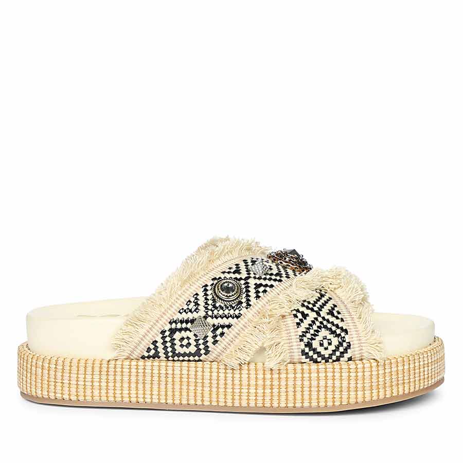 Saint Lenora Raffia Fringe Beige Leather Platform Sandals