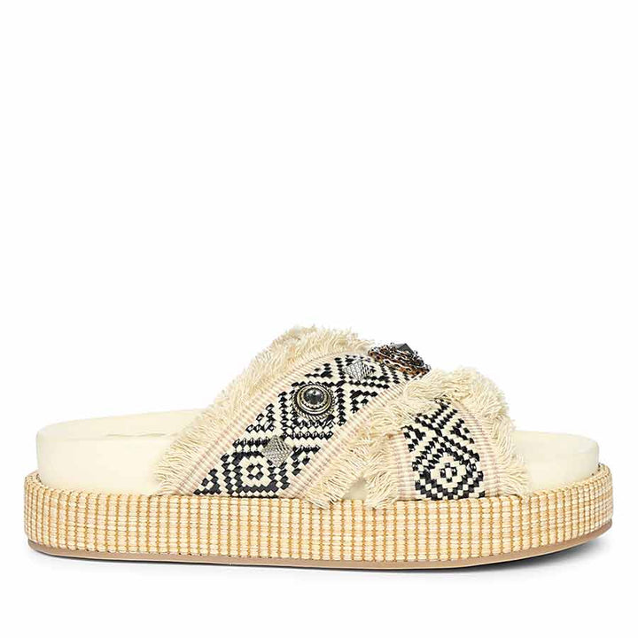 Saint Lenora Raffia Fringe Beige Leather Platform Sandals