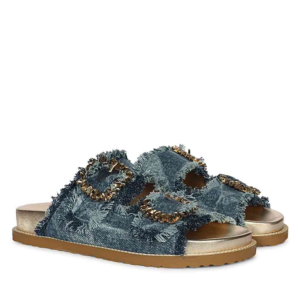 Saint Riviera Crystal Buckle Blue Denim Footbed Sandals