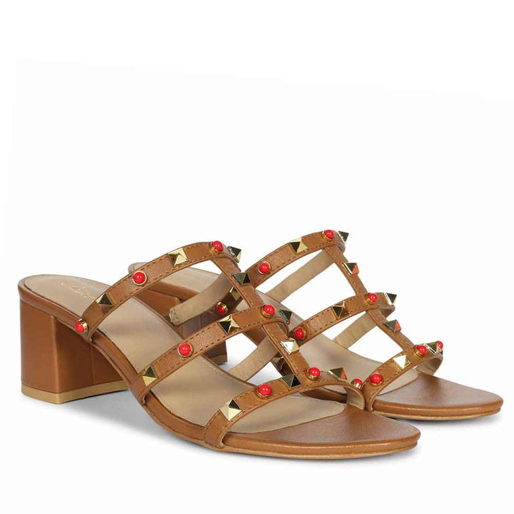 Saint Cressie Studded Tan Leather Block Heels