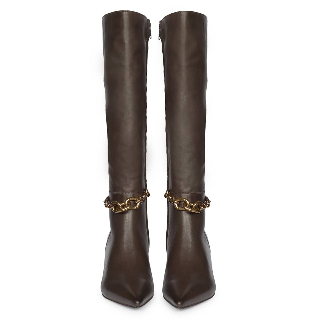 Saint Freya Chain Embellished Brown Leather Long Boots