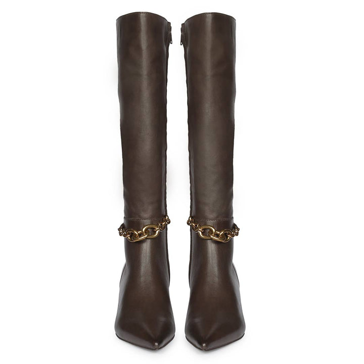 Saint Freya Chain Embellished Brown Leather Long Boots