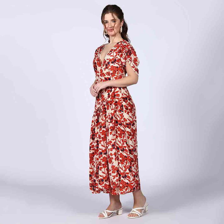 Saint Giselle Ivory Red Deep V-Neck Viscose Dress