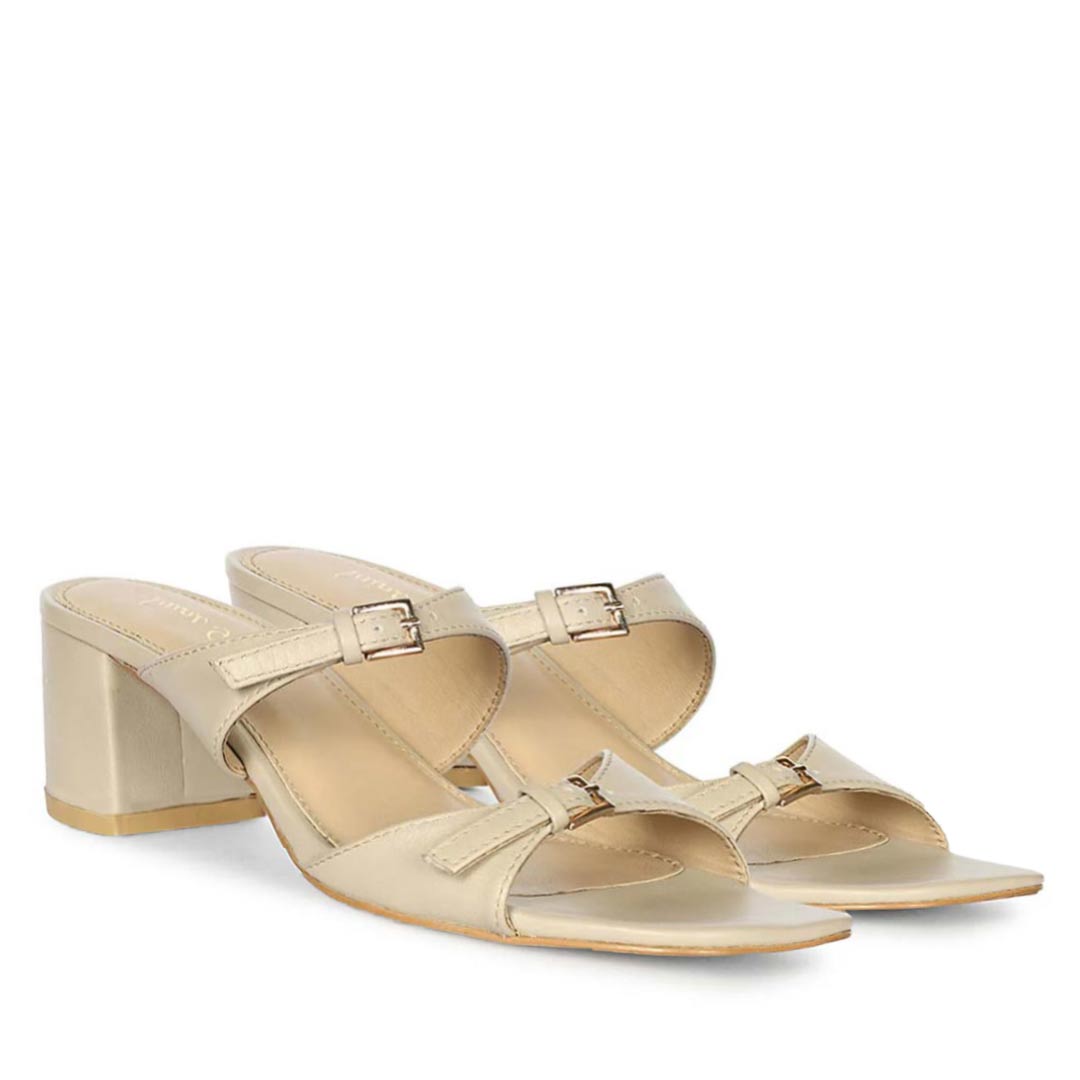 Saint Ellery Buckle Beige Leather Block Heel Sandals
