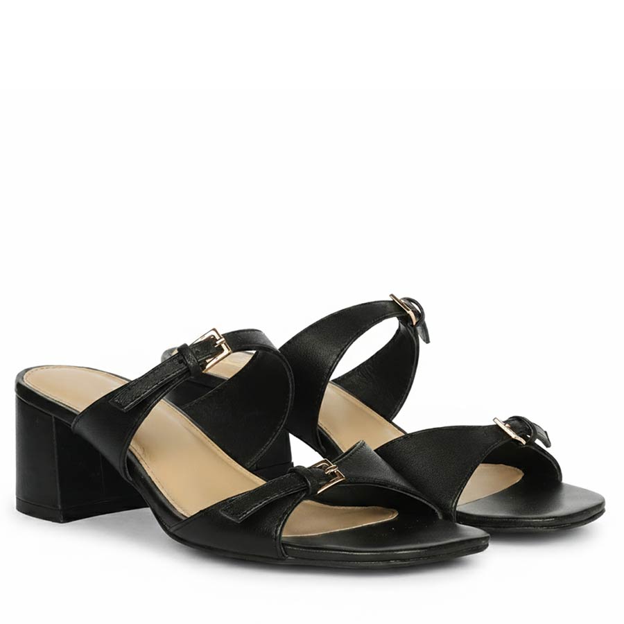 Saint Ellery Buckle Black Leather Block Heel Sandals