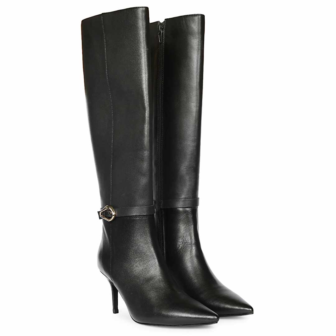 Saint Blair Ring Buckle Black Leather Knee High Boots